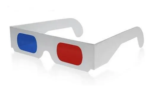A pair of red and blue glasses on top of a table.
